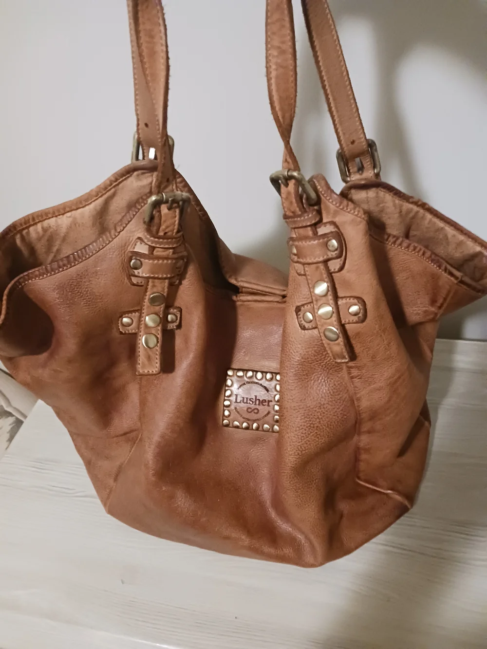 Lusher Vintage Italian Stud-Accent Brown Leather Hobo Bag